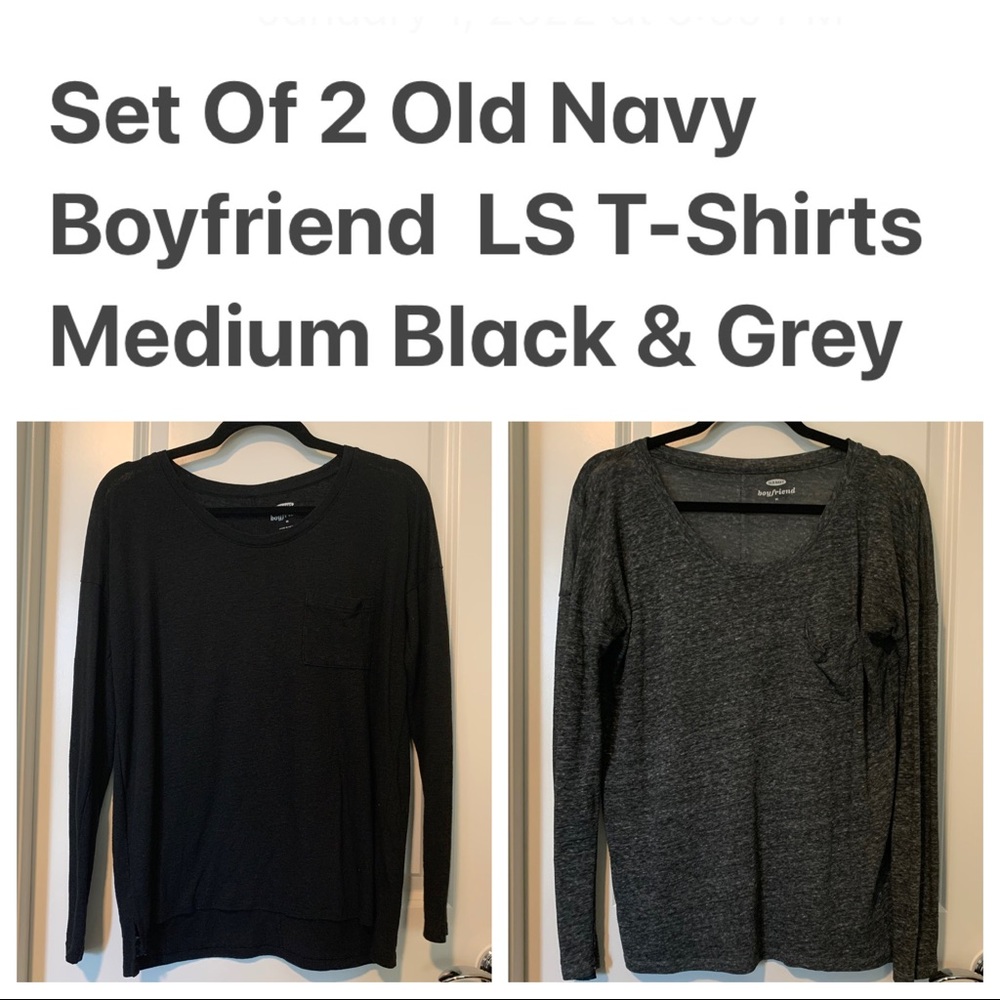 Set of 2 Old Navy Boyfriend Long-Sleeve Slub Pocket Tees Medium Black & Grey